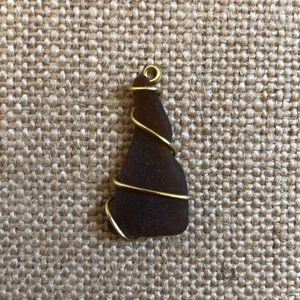 Authentic Brown Sea Glass Gold Wire Wrapped Charm